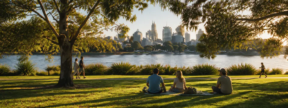 Editorial illustration of people relaxing beside a river in a shady Australian city park.