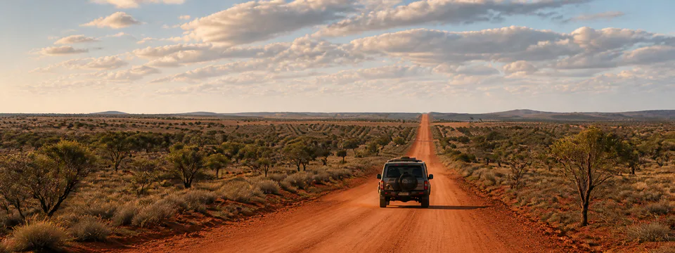 Editorial illustration of an unbranded four-wheel drive travelling along a red-dirt outback road.