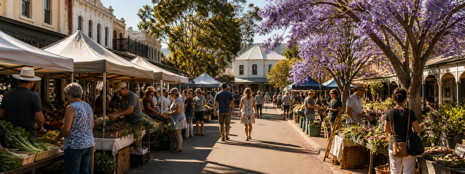 Editorial illustration of a relaxed weekend market on an Australian country main street.